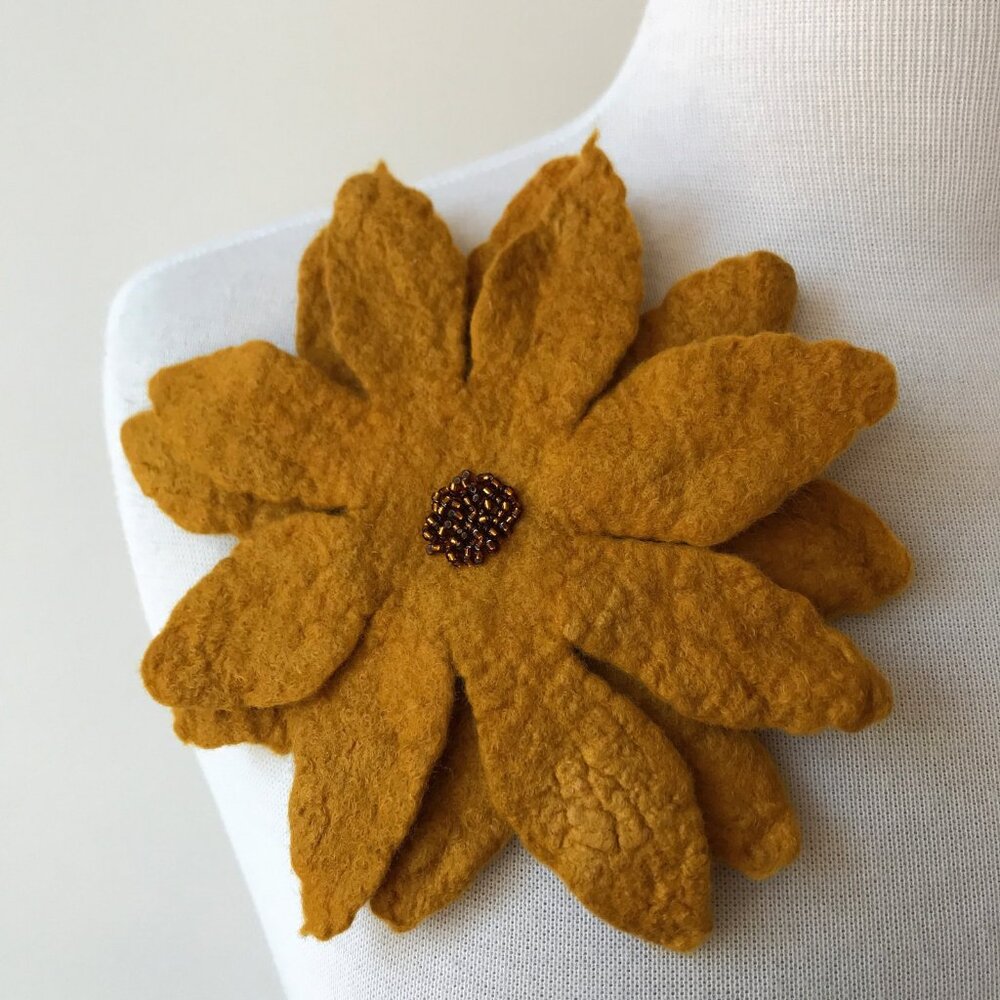 Fiber Art Brooch / Pin, Hand Felted, Hand Beaded, Flower, Merino Wool, Silk